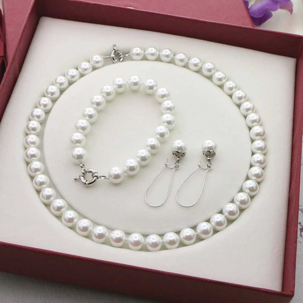 Pearl Necklaces Set for Women Girls 10mm White Round Shell Pearl Beads Necklace Earrings Jewelry Mothers Day Gift Z250607