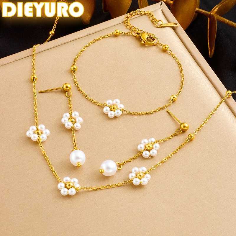 DIEYURO 316L Stainless Steel Pearl Splicing Flowers Necklace Earrings Set For Women Girl New Fashion Trend Jewelry Gift Z250607