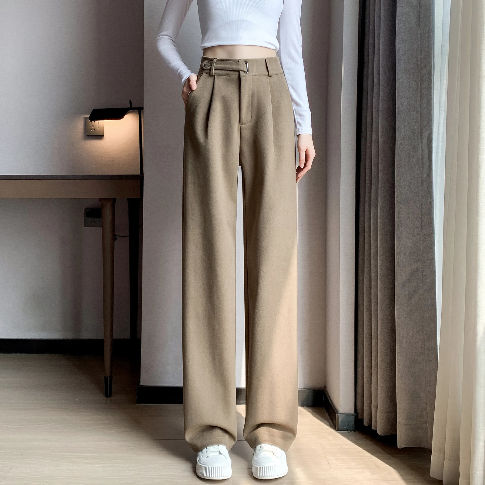 Seoulish Autumn Winter Thicken Woolen Casual Loose Full Length Pants Button High Waist Chic Wide Leg Trousers Female 250605