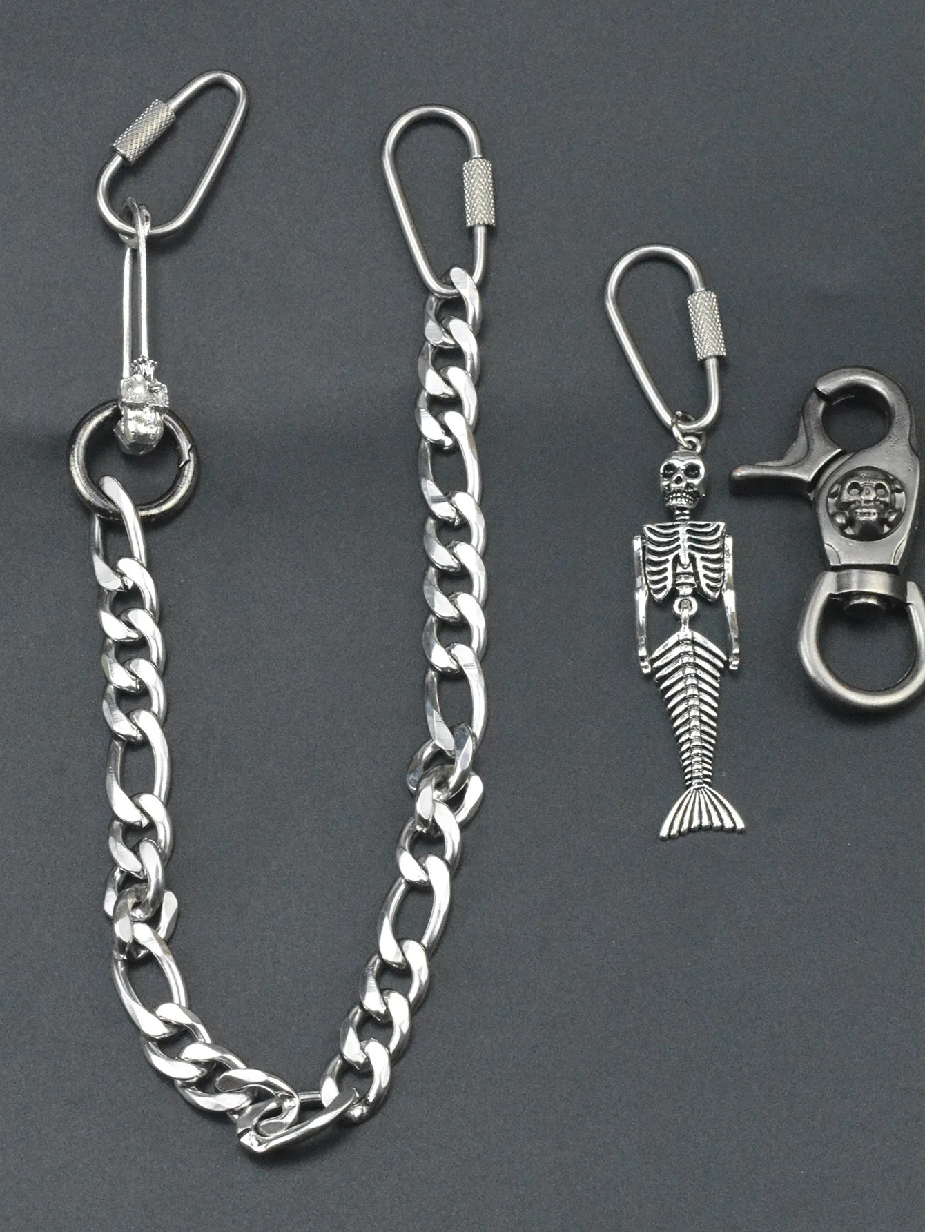 Punk 12 inch Short Gunmetal biker Jeans Wallet Belt mermaid Chain Keychain pirate Skull Snap Hoop screw carabiner EDC gift 250530
