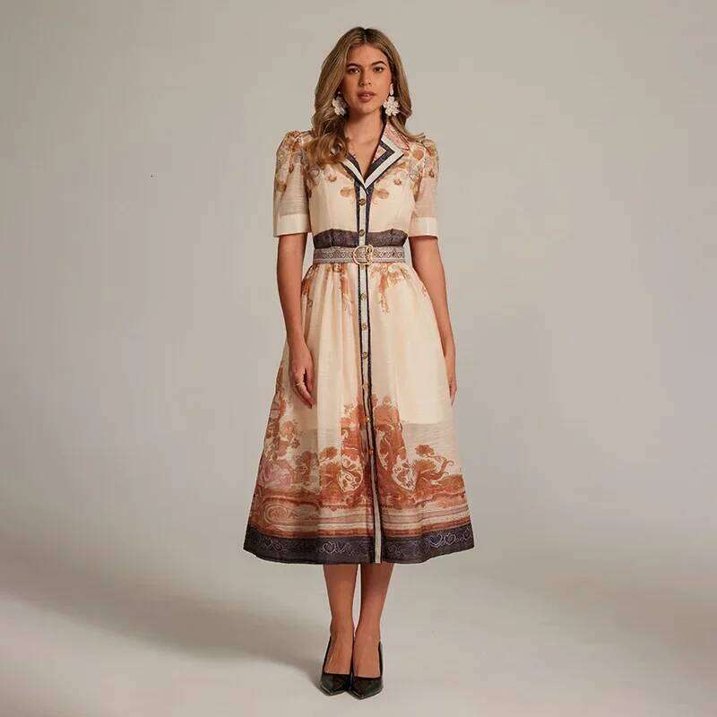 Elegant Printed Suit Collar Long Dress Court Style French Unique Quality New Arrival 2025 Fashionable Women's Wear