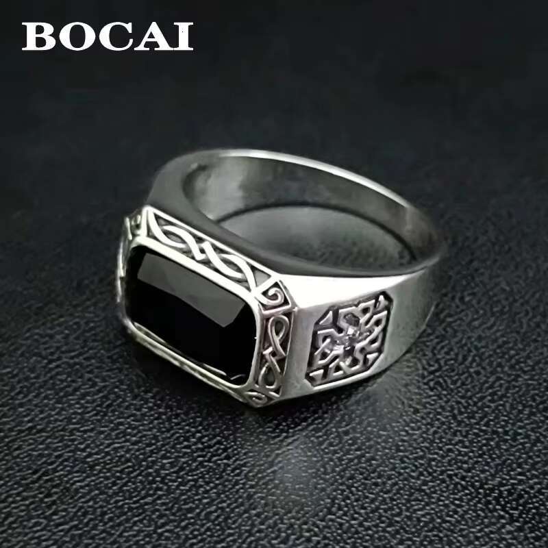 BOCAI Fashion S925 Sterling Silver Punk Style Ring Natural Black Agate Rectangle Ethnic Style Exquisite Gift Parties Men Ring