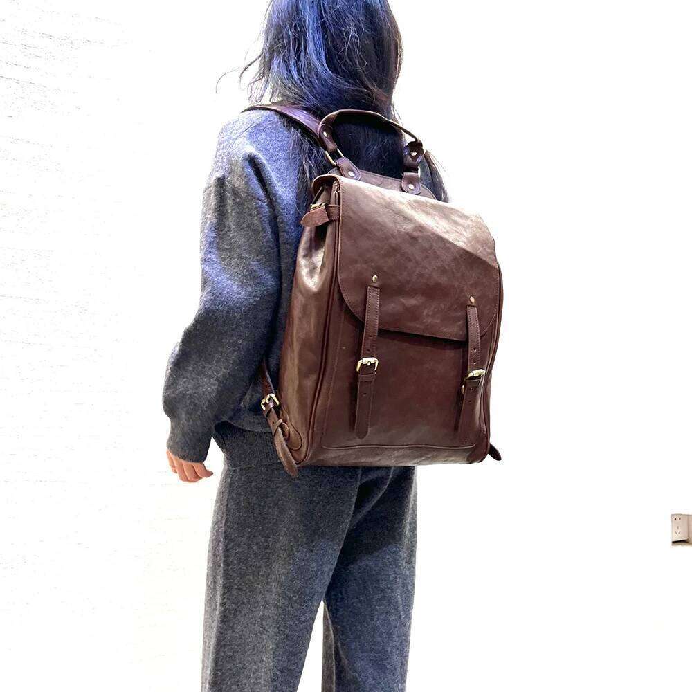 Vintage Genuine Woman or Men Real Leather Rucksack Natural Cowhide Parachute Bag Large Capacity Laptop Backpack