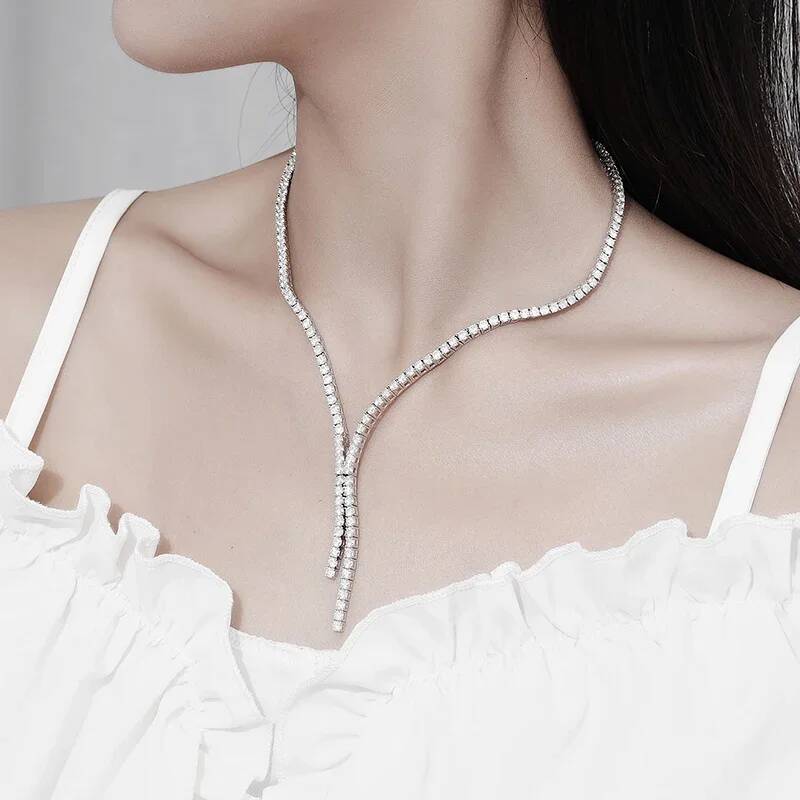 NeeTim Moissanite Tennis Necklace for Woman Certificate Sterling Sier with White Gold Plated Tassel Necklaces Jewelry