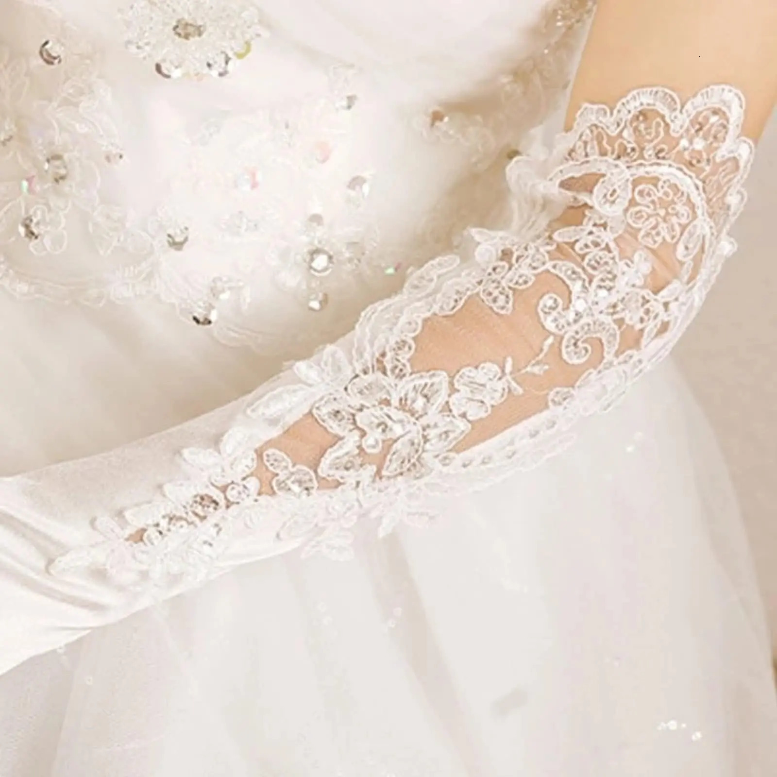 Elegant Satin Lace Gloves Long Bridal Gloves for Bride Flower Girl Wedding Prom Party 250603