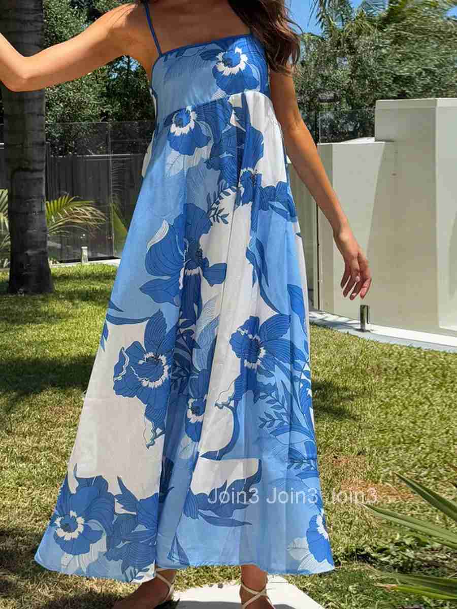 Womens Elegant Floral Print Sleeveless Maxi Dress with Adjustable Spaghetti Straps and A-line Silhouette for Summer Beach