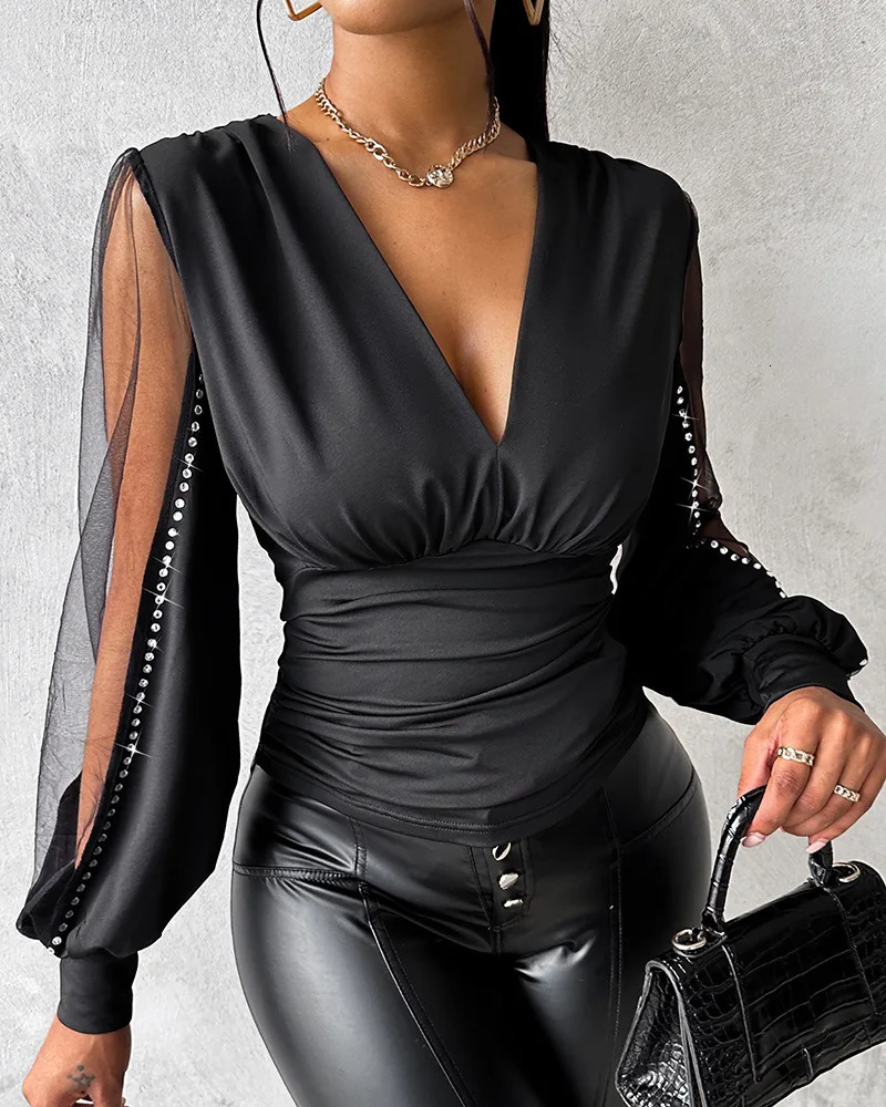 Fashion Sexy Deep V Neck Pullover Shirt Women Tops Elegant Plunge Sheer Mesh Patch Rhinestone Top Blouse Female blusas mujer 250605