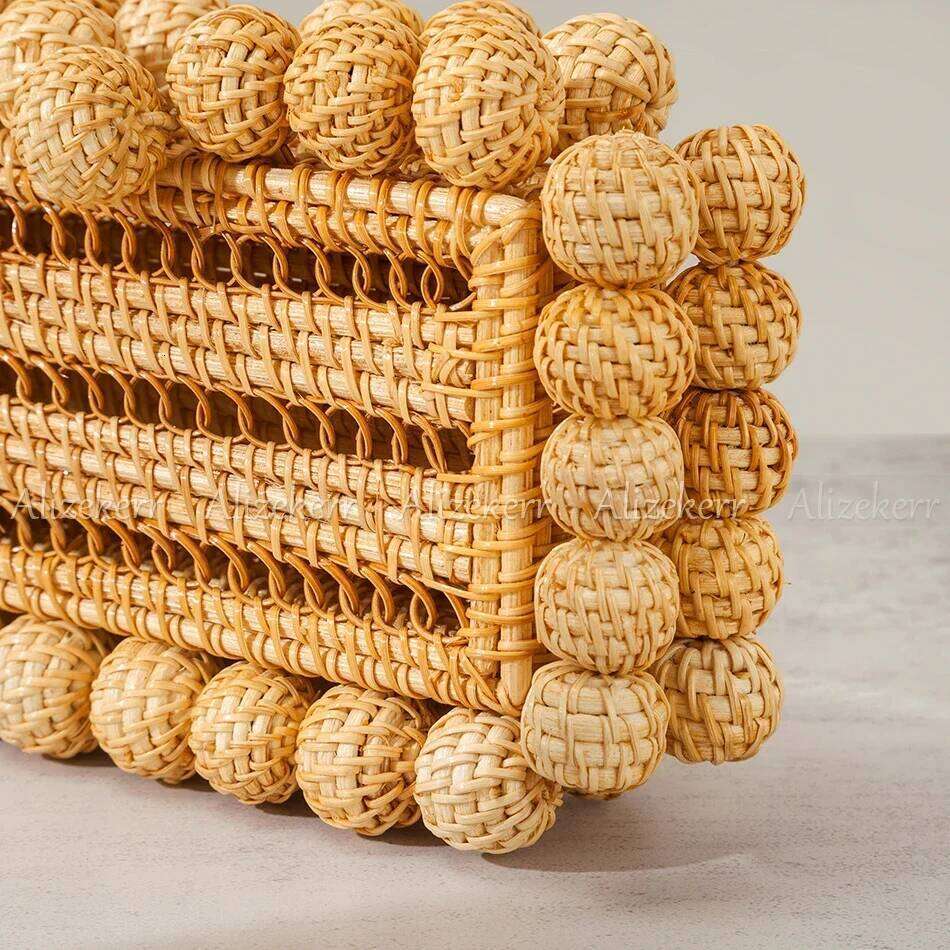 Alizekerr Beaded Hollow Out Rattan Bags Women Boutique Hand Woven Square Beach Wicker Clutch Purses And Handbags Summer Holiday