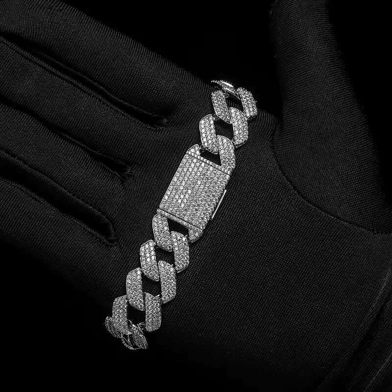 Hip Hop 925 Sterling Silver Men's Miami Shiny Moissanite Cuban Link Bracelet Custom 16mm Moissanite Linkracelet
