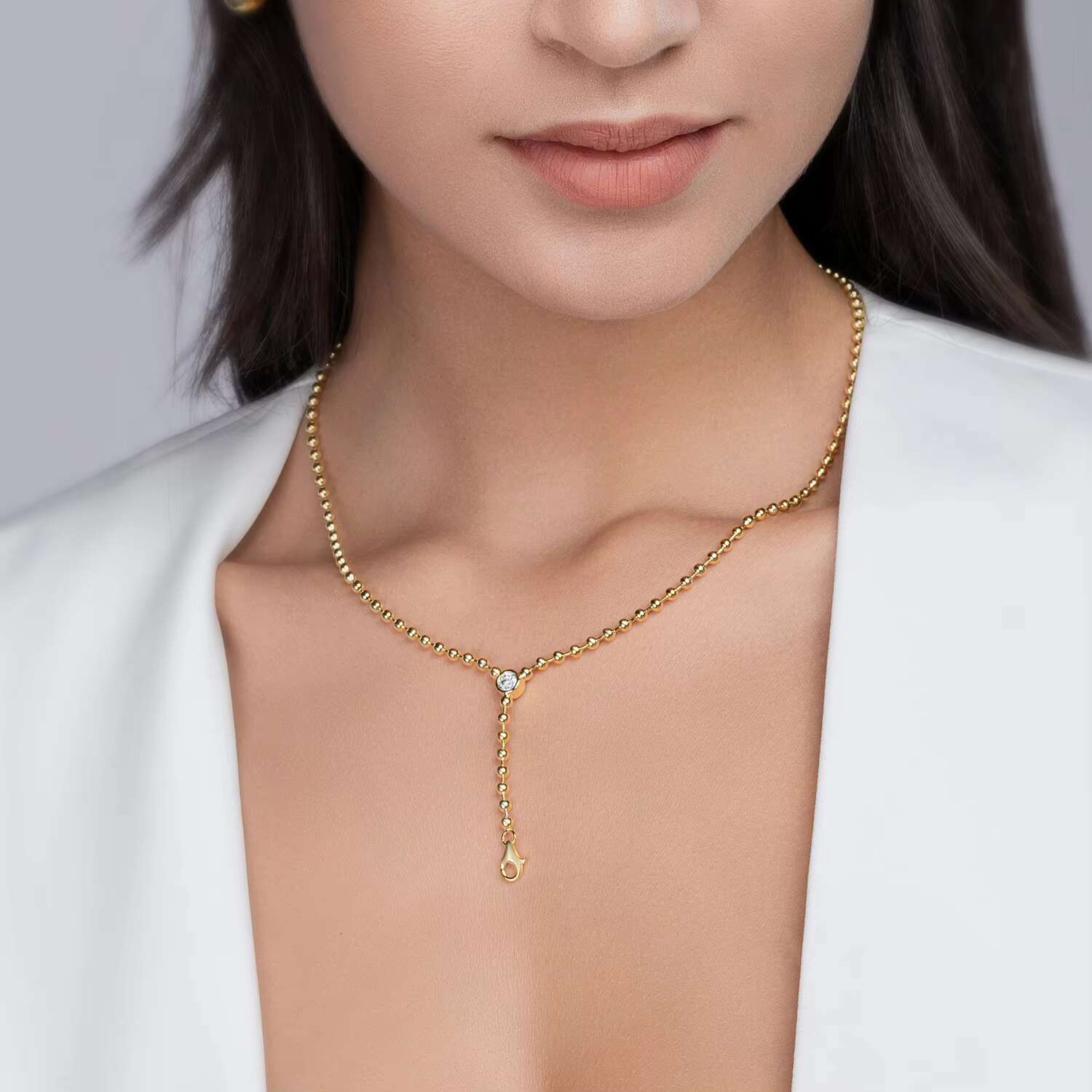 Zanlong 15130 Simple Ins Cool Style Gold Round Bead Chain with Mosan Diamond Pendant Jewelry Long Chain Pendant Necklace