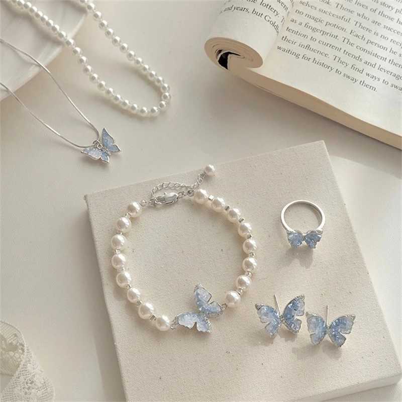 New Fashion Blue Crystal Butterfly Pearl Earrings Ring Necklace for Women Advanced Bilayer Choker Wedding Jewelry Set Z250607