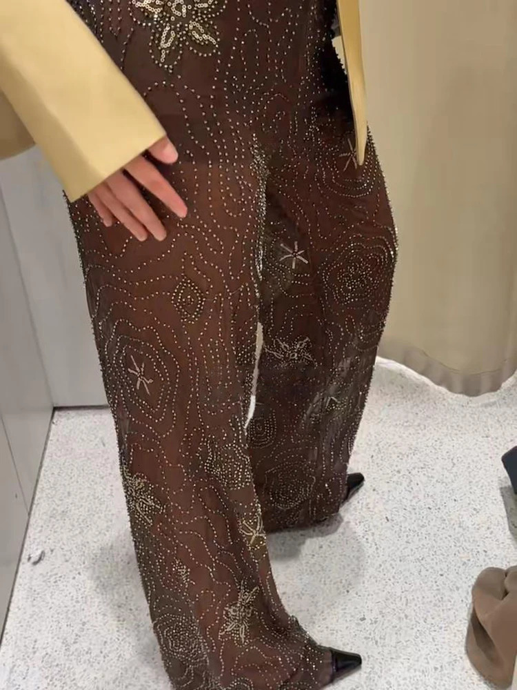 Bead Embroidery Sequin Women Pants Snowflake See Through Straight Thin High Waist Fashion Trousers 2025 Summer Street Party Pant 250605