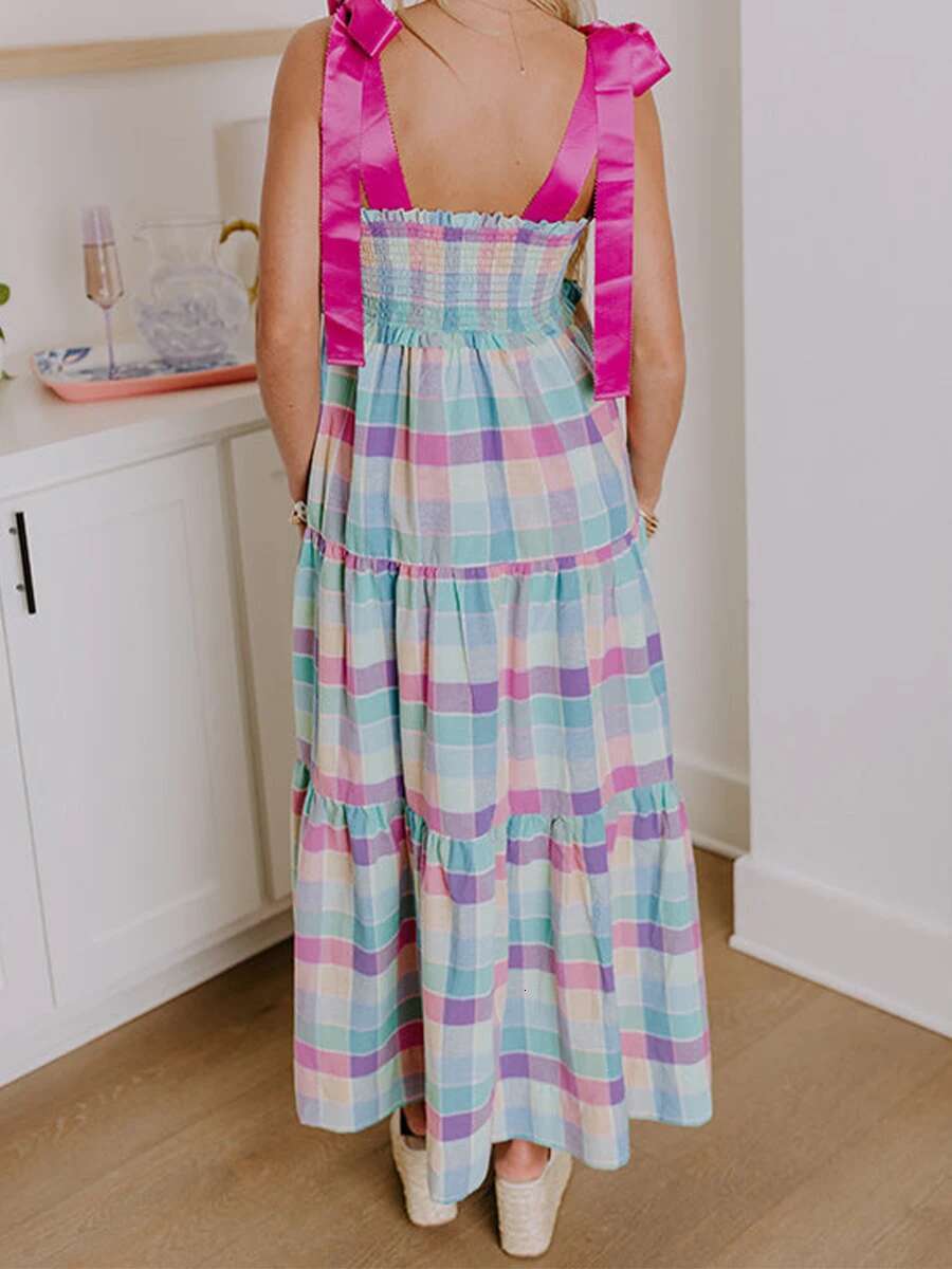 Elegant Sleeveless Maxi Dress with Tie-shoulder Detail and Ruffled Trim in Chic Plaid Pattern for Womens Fashion