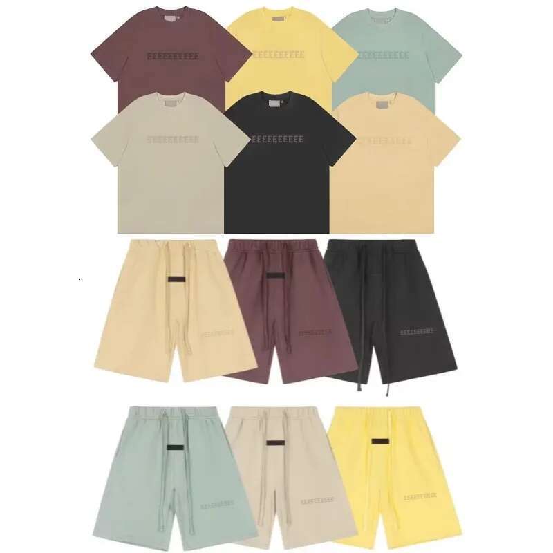 FW23 Classic Brand Double Line Men's T-shirt Trendy Design Front Two Rows Silicone Letter Short Sleeve High Street Loose Top Set