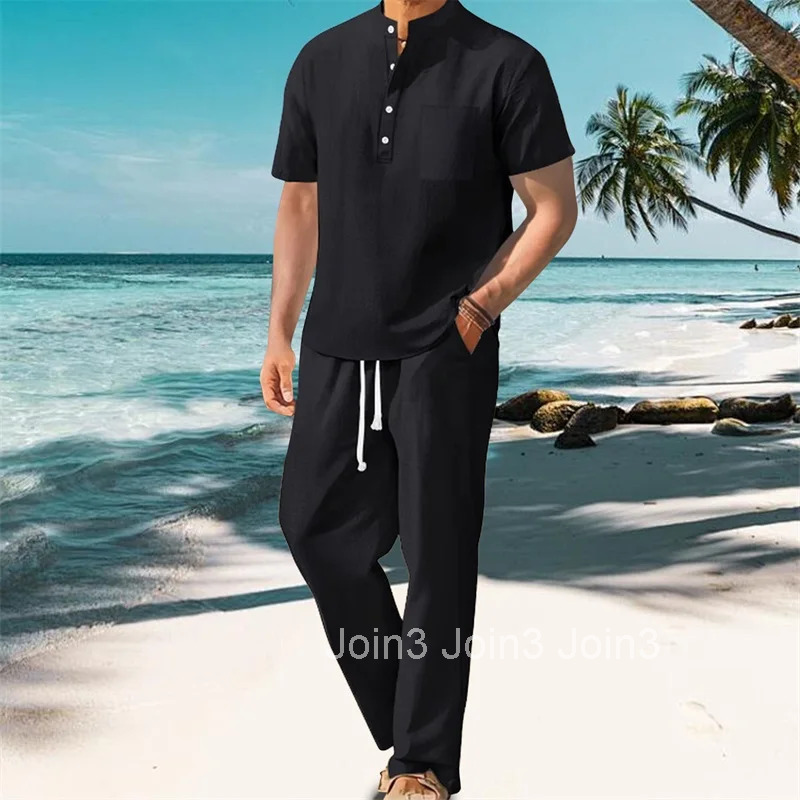 Mens Casual 2 Piece Outfit Short Sleeve Henley Tops with Drawstring Pants Loose Solid Color Set for a Stylish Look