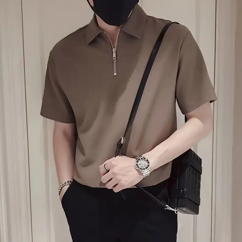 Plain Mens with Collar T-shirt White Black Green Zipper Male Polo Shirts Quick-drying Party Slim Fit Xl Clothes Kpop Tops 250606