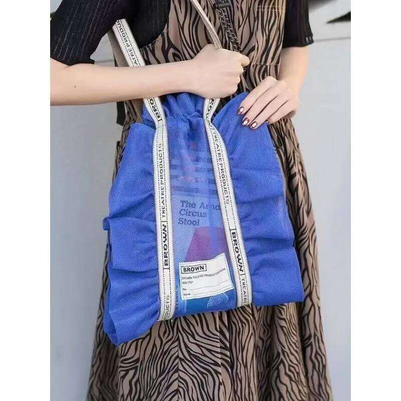 Japanese Niche Transparent Mesh Ruffle Edge Shoulder Strap Embroidered Letters Fashionable Drawstring Women's Bag