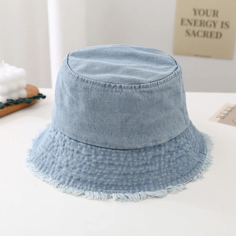 Spring and summer vintage solid color fringed denim fisherman hat womens washable versatile face covering bucket basin hat 250605