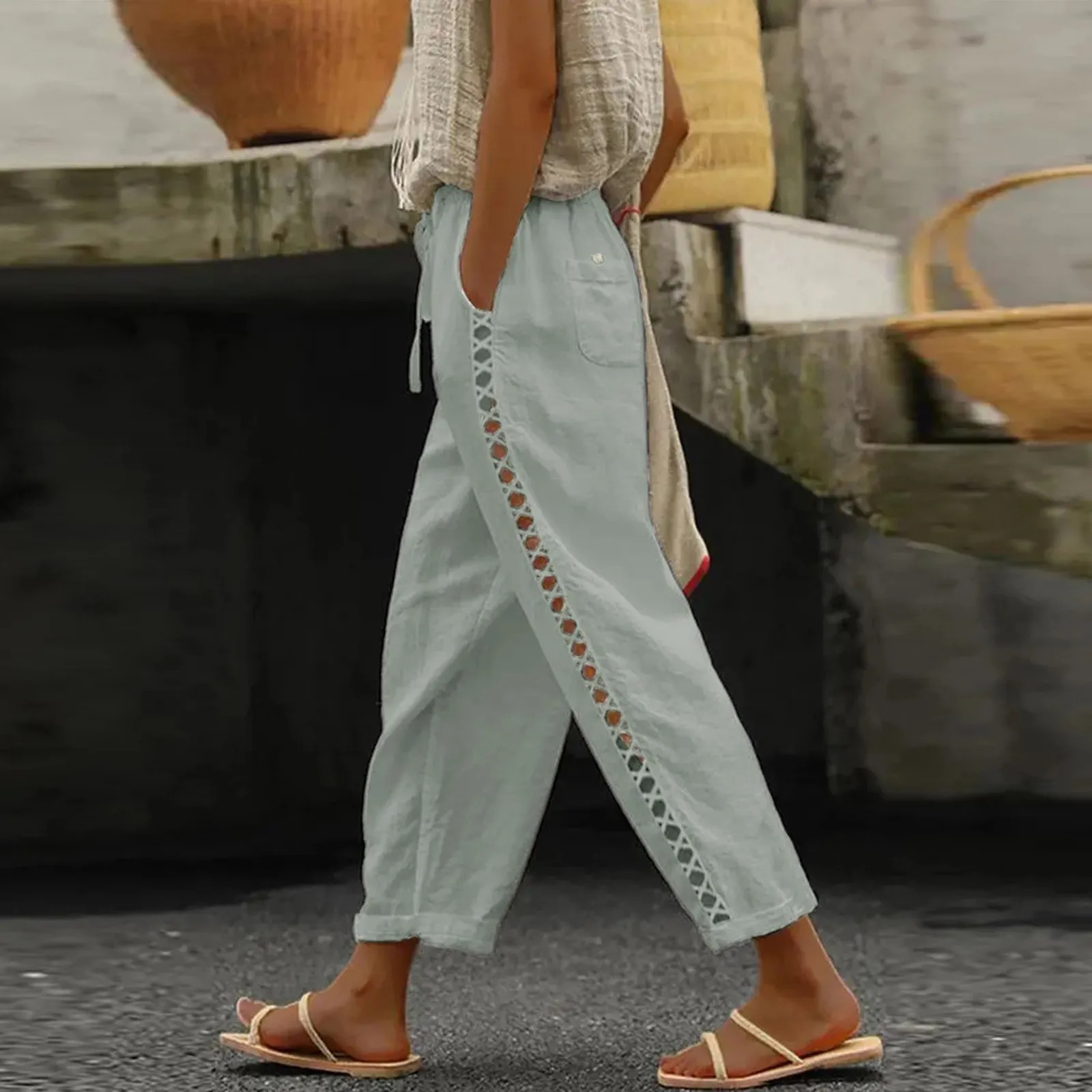 Solid Cotton Linen Pants For Women Bohemian Hollow Out Drawstring Wide Leg Cropped Pants Summer Leggings Sweatpants Beach Pants 250605