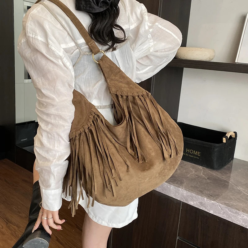 MOODS Bohemia Style Tassels Shoulder Hobo Bags For Women Faux Suede Large Capacity Wild Tote Bag Latest Fashion Handbags 250606