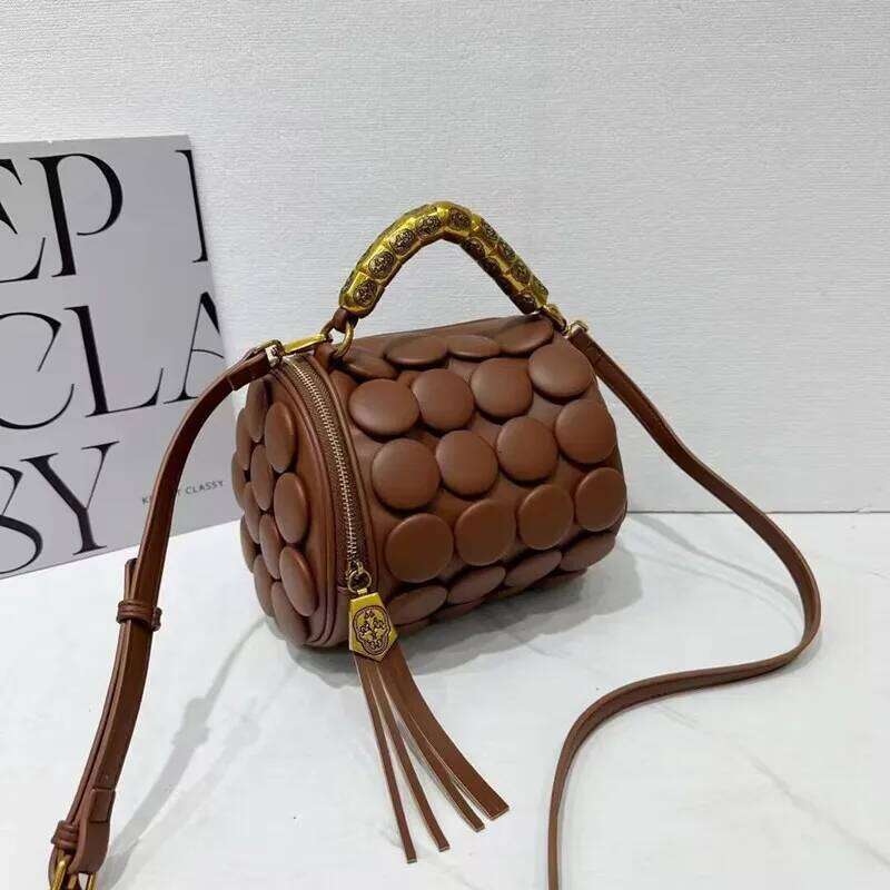 2025 Design Women Retro Button Leather Handbags High-End Round Tube Bucket New Fashion Shoulder Crossbody Bag