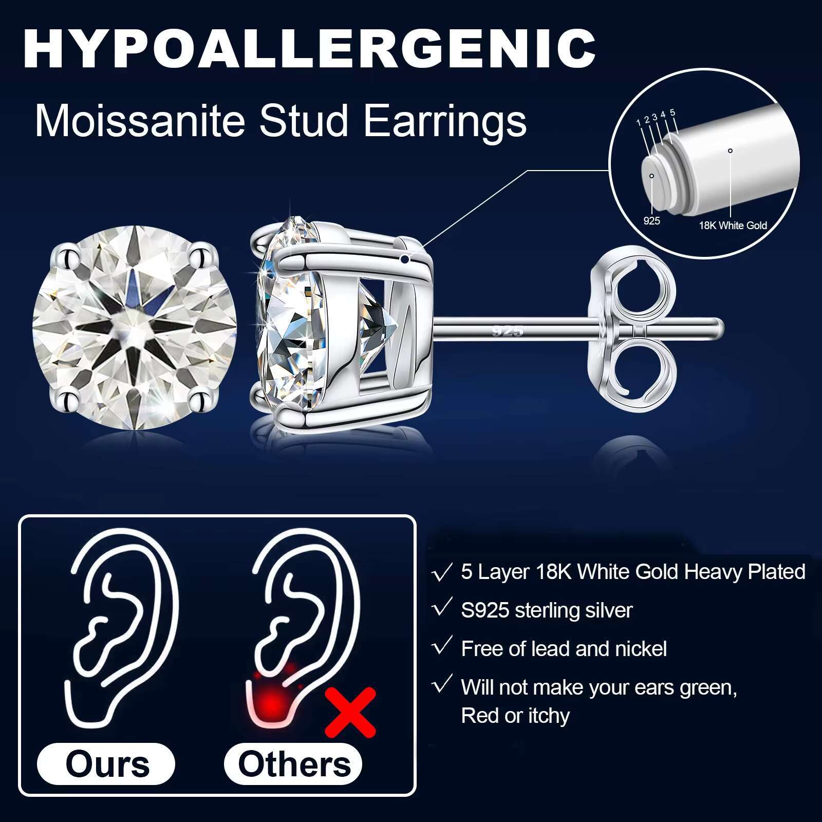 Moissanite Stud Earrings White Gold 925 Sterling Silver VVS Mossanite Diamond Men Women