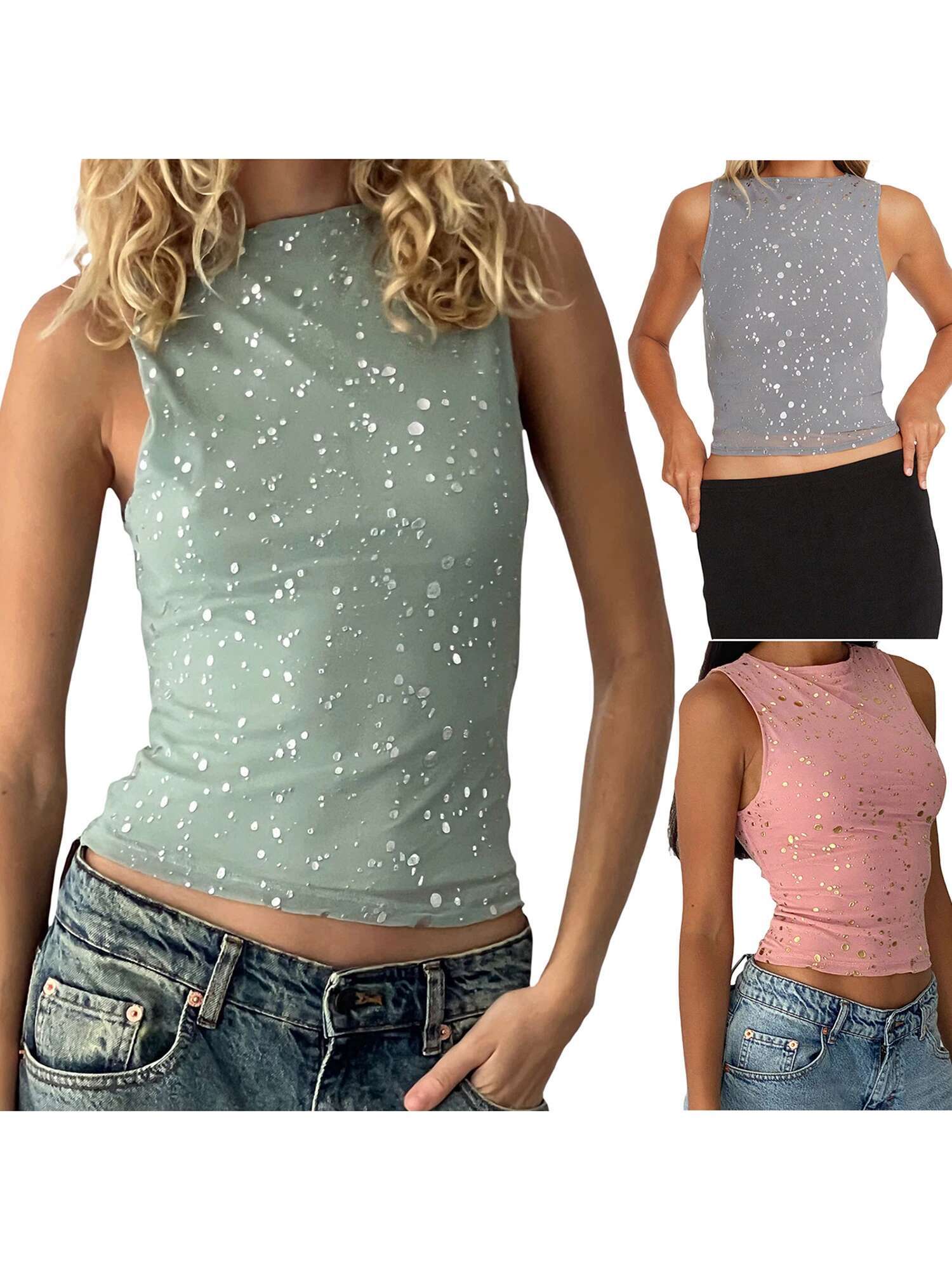 Womens Summer Sleeveless Crop Top with Shimmering Gold Foil Detail and Mesh Inserts for Chic Street Style Fashion