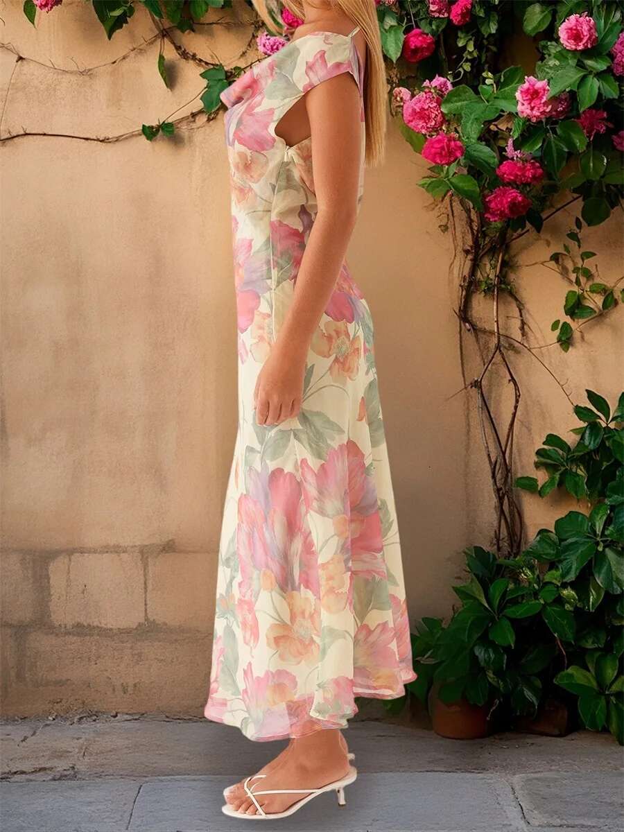 Elegant Floral Print Sleeveless Maxi Dress with Draped Neckline Womens Summer Cocktail Party Long Tank Dress