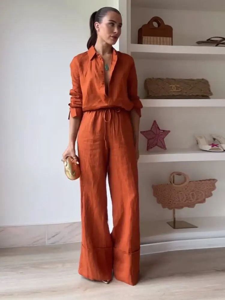 Casual Solid Shirt Pants Suit Women Lapel Single Breasted Loose Shirt Wide Leg Drawstring Trouser 2025 Spring Fashion Female Set 250605