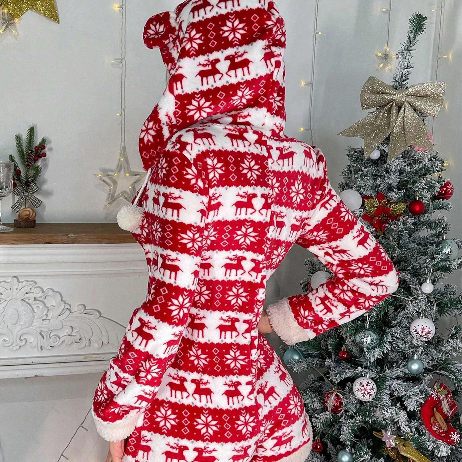 Womens Christmas Jumpsuit Festive Long Sleeve Hooded Bodysuit with Zipper Closure and Reindeer Patchwork Design Cozy