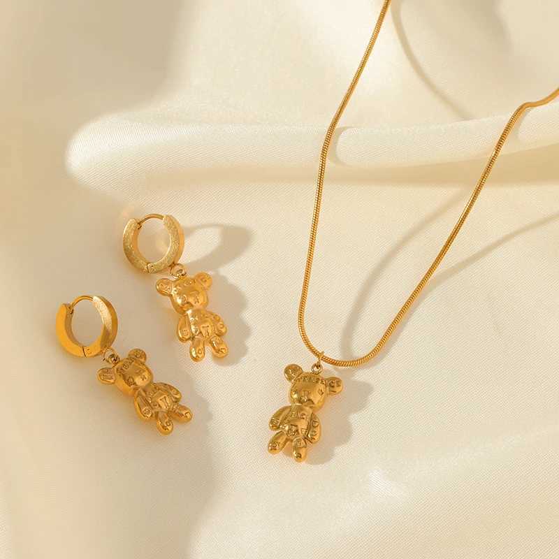 EILIECK 316L Stainless Steel Gold Color Bear Flower Necklace Earrings Set For Women New Party Gift Waterproof Jewelry Set Bijoux Z250607