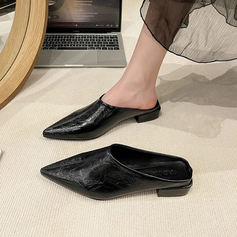 Baotou Half Slippers Womens Outer Wear 2025 Plus Size Pointed Thick Heel Womens Slippers 250603