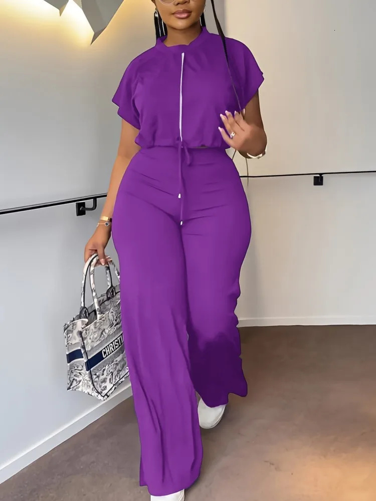 Women Casual Round Neck Drawstring Short Sleeve Top High Waist Pants Set Summer Solid Two Piece Suit Sets Outfits Set Female 250605