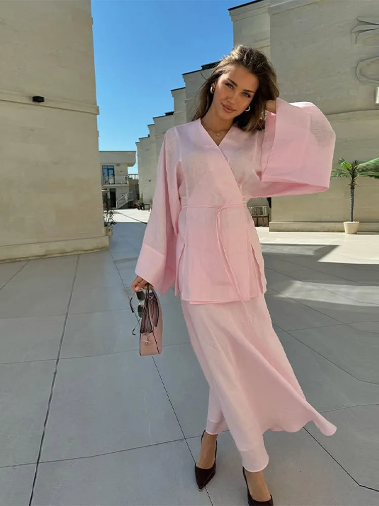 Loose Casual Lace Up Cardigan Skirt Sets Women Solid V neck Full Sleeve Top High Waist Skirt 2025 Spring Summer Casual Outfits 250605