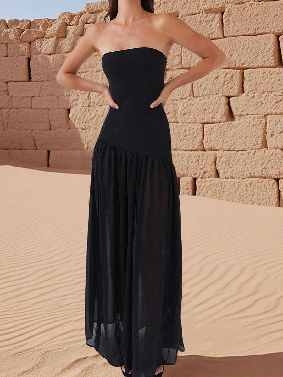 Elegant Off-shoulder Maxi Dress with Side Slit Womens Solid Color Tube Dress for Summer Cocktail Party