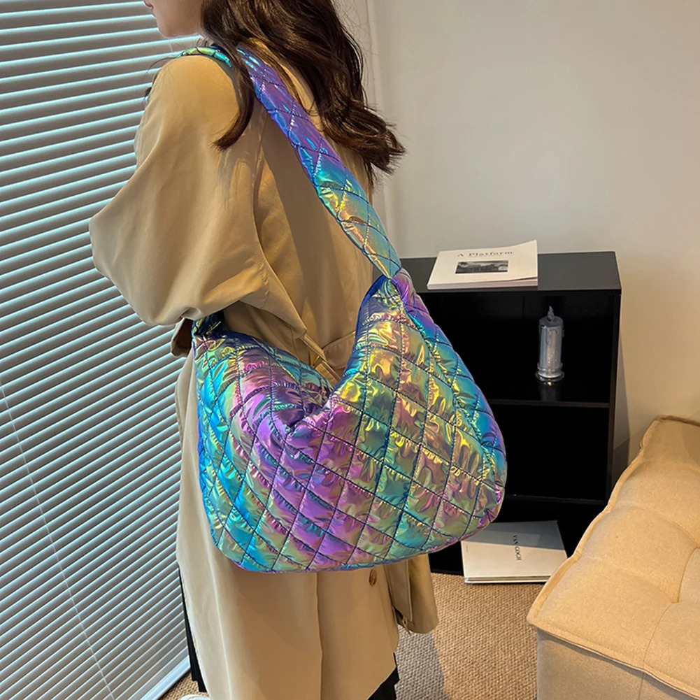 Autumn Winter Ladies Tote Handbags Large-capacity Cotton Padded Top-handle Bags Laser Multicolor Rhombus Winter Pattern Bag 250603