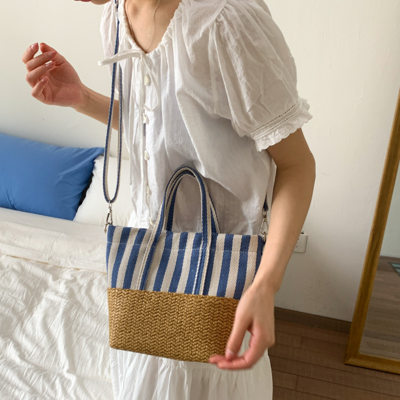 designer Korean Canvas Bucket Bag Striped Tote Bag for Women 2025 New High-end Patchwork Fashion Crossbody Straw Bag