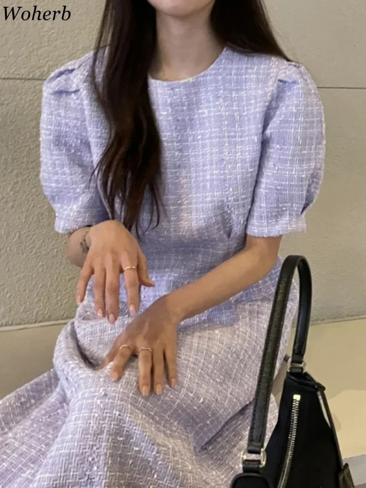 Woherb Women Short Puff Sleeve Tweed Dress Summer Casual All Match One Piece Dresses Korean Chic Vintage Robe Loose Dresses 250603