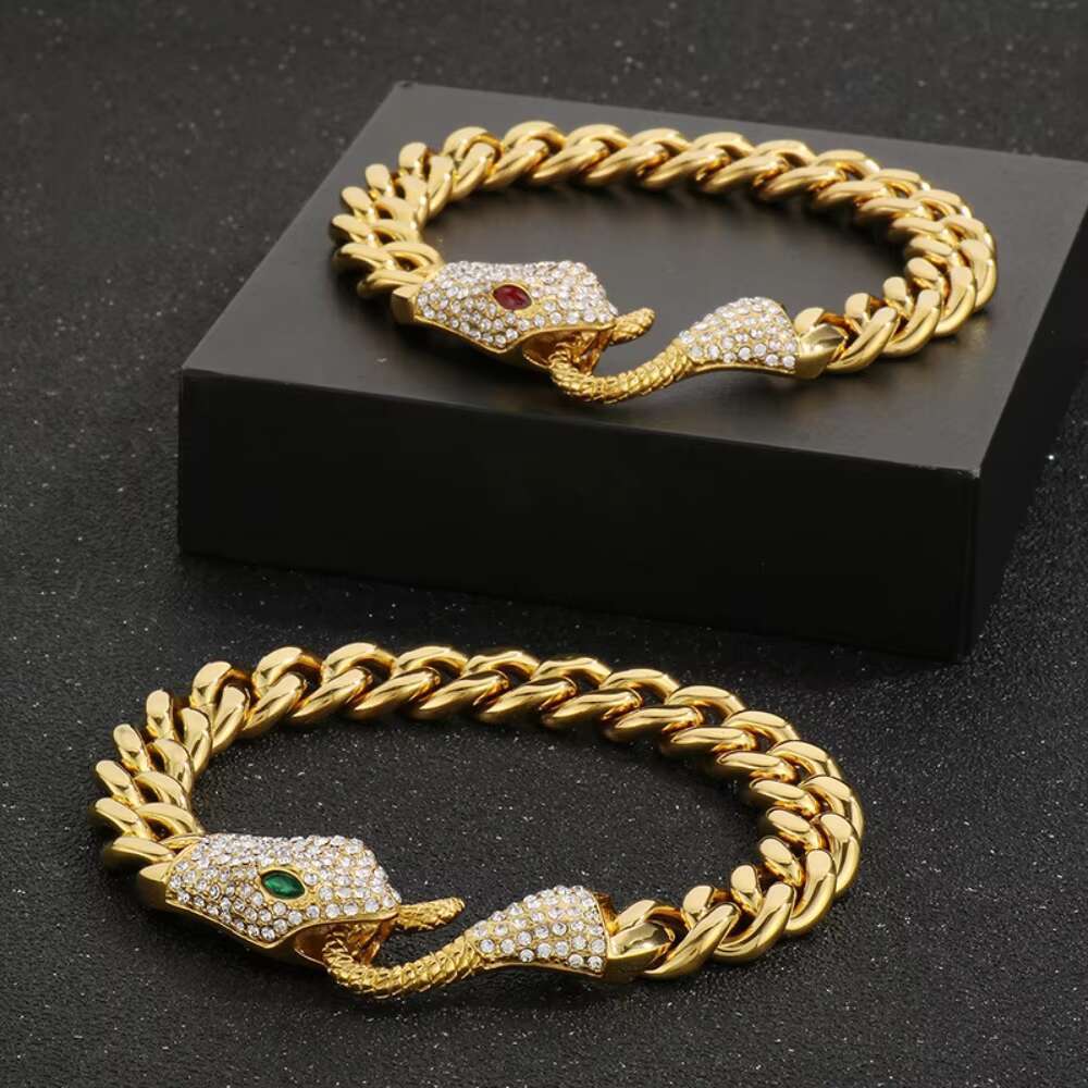 2025 Trendy stainless steel jewelry mens hip-hop Cuban chain bracelet full diamond green/red eye snake head bracelet wholesale