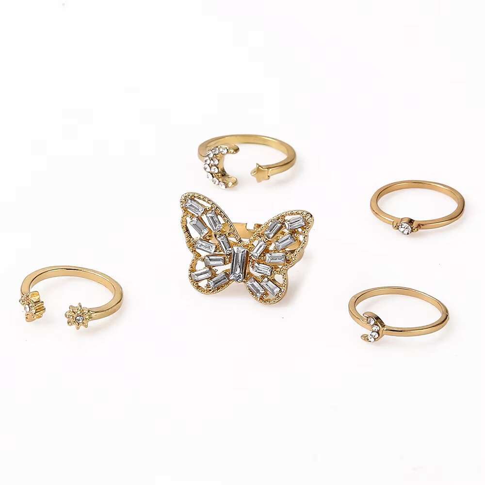 European American Cross-Border Hot-Selling Diamond-Encrusted Large Butterfly Index Finger Ring 5-Piece Set Ring Fashion Rings