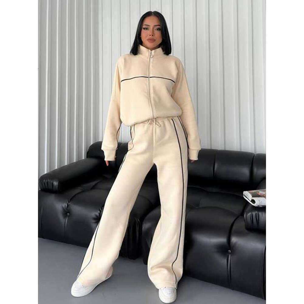 2025 European and American Fashion Set for Women: Long Sleeve Turtleneck Cardigan Sweatshirt with Drawstring Striped Pants, Two-Piece Elegant Versatil