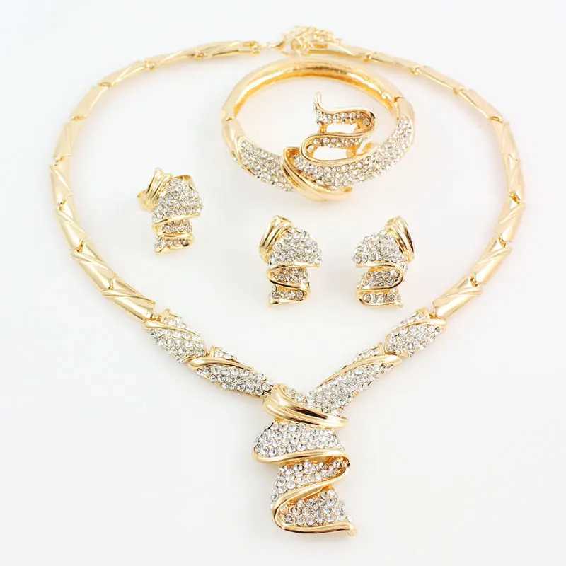 Wholesale Fashion Gold Color Alloy Rhinestone Wedding Jewelry Sets Necklace Ring Earrings For Women Bridal Z250607