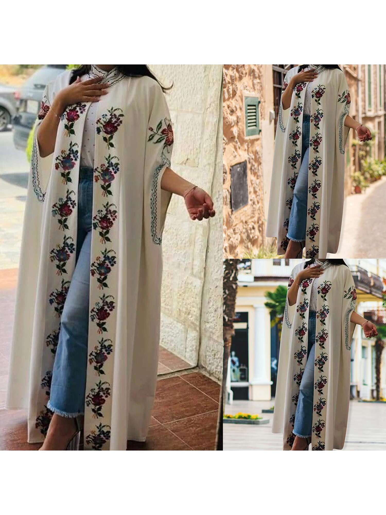 Elegant Floral Print Abaya Cape with Flowy Silhouette and High Neckline for Stylish Casual Wear in Spring