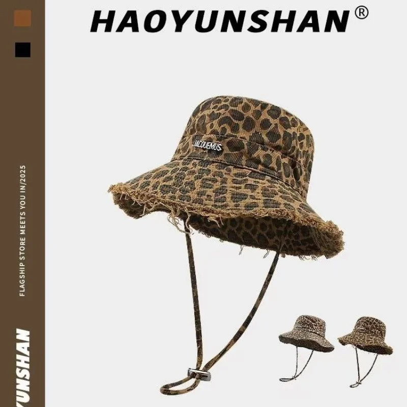 Retro Mens Leopard Print Washed Border Mens Fisherman Hats Seasonal Hanging Rope Outdoor Travel Basin Hats Sun Hats 250605