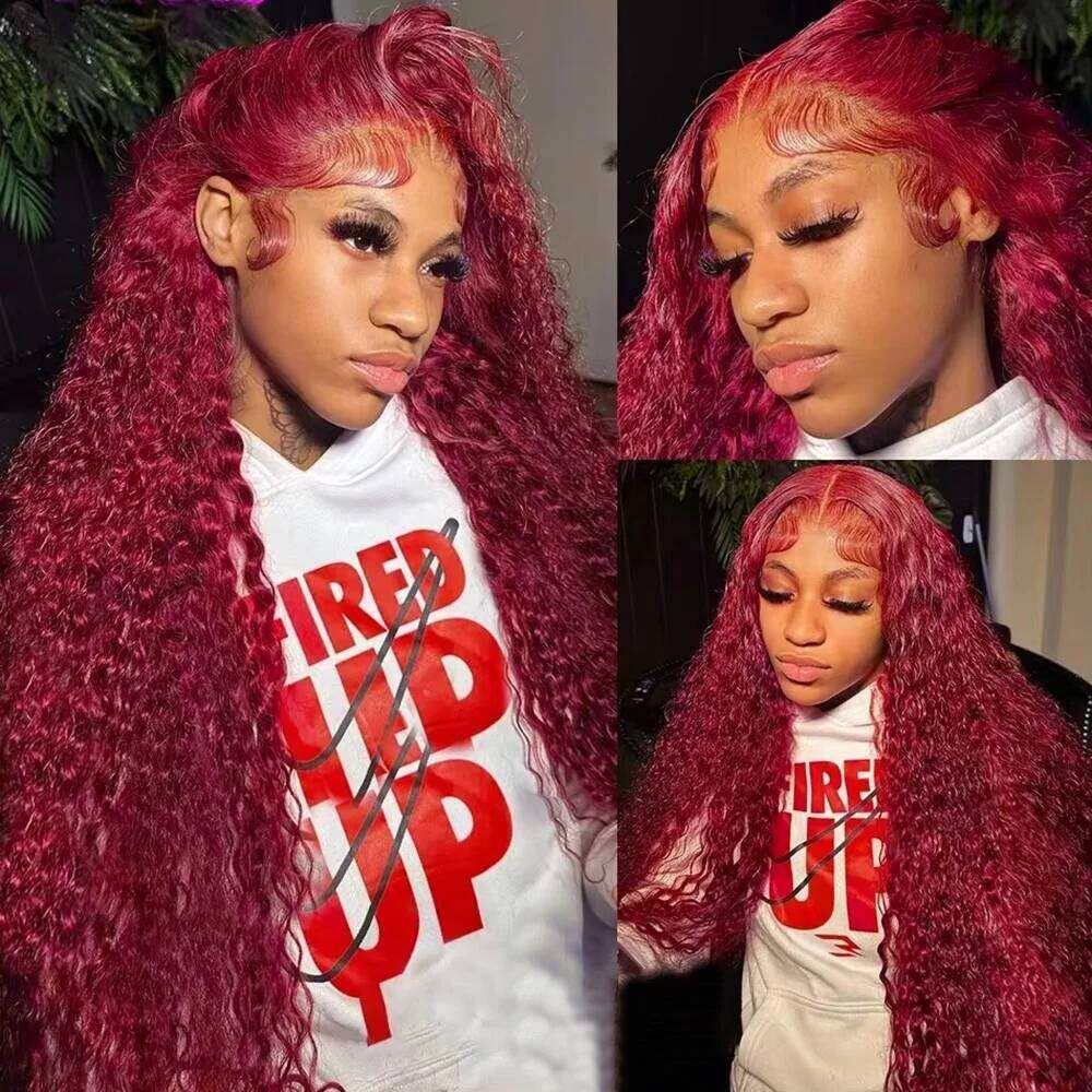 NAMM Bury Deep Wave 13x6 HD Frontal Wig 99J Color Curly Mari Red Lace Front Human Hair Wigs For Women 250 Density