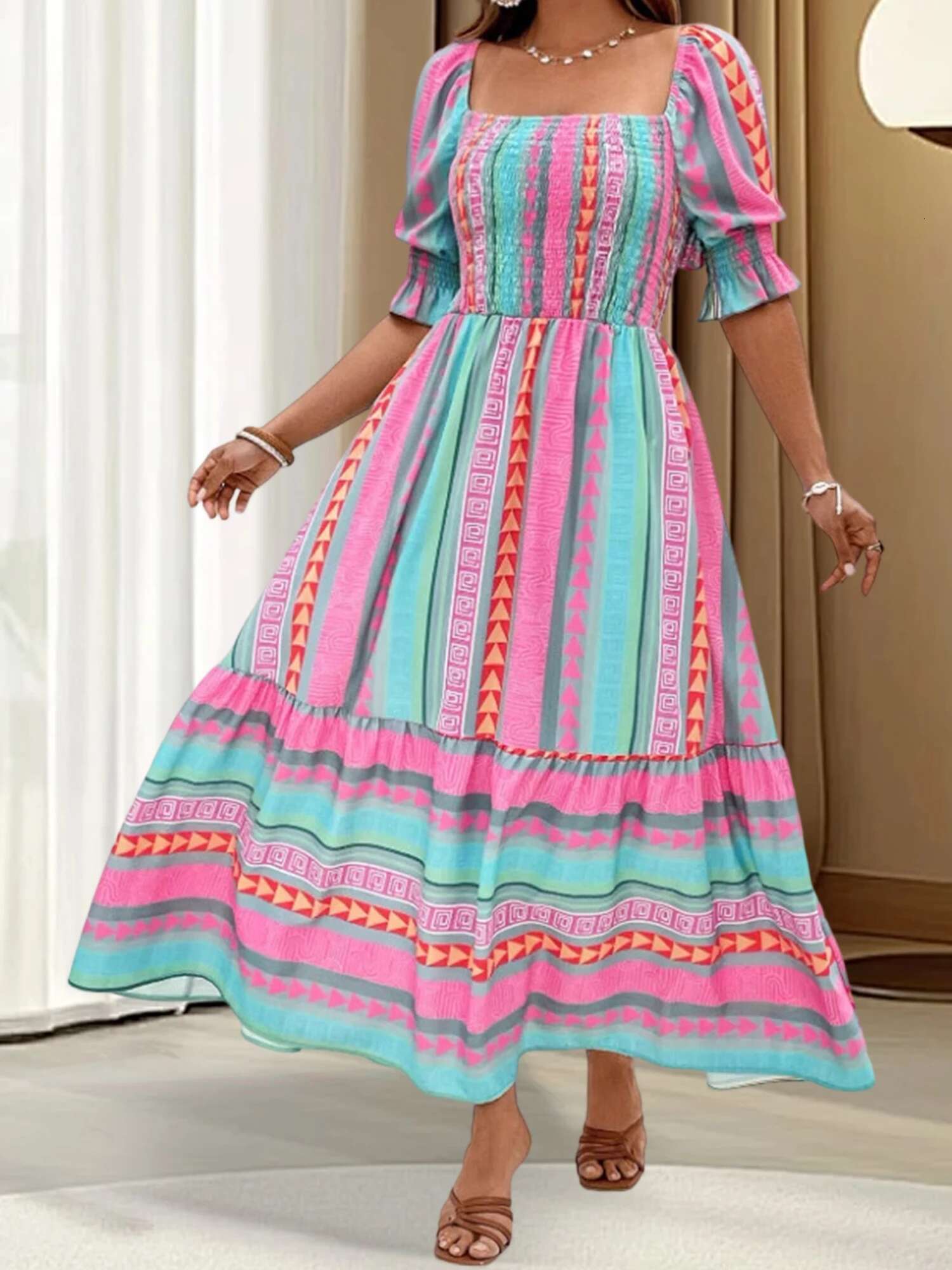 Women Plus Size Floral Print Maxi Dress Casual Summer Short Sleeve V-neck Boho Party Dress for Beachwear and Vacation