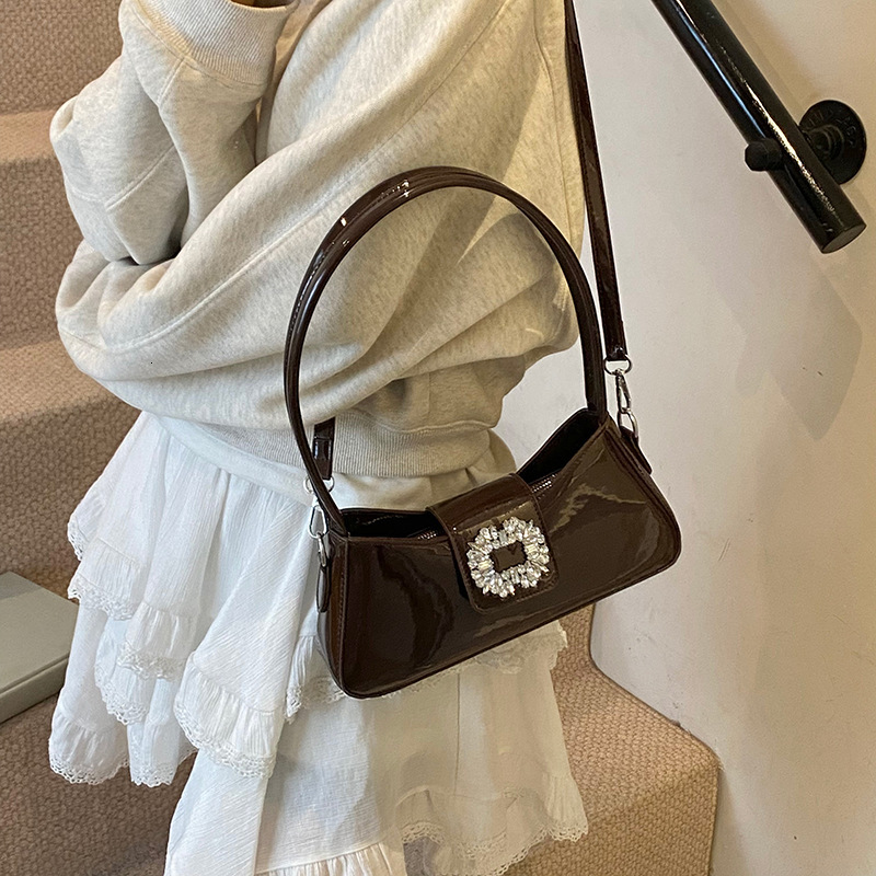 designer High-End Shiny Diamond Small Bag for Women 2025 New Trendy Fashion Patent Leather Glossy Underarm Bag Summer Textured Baguette Bag