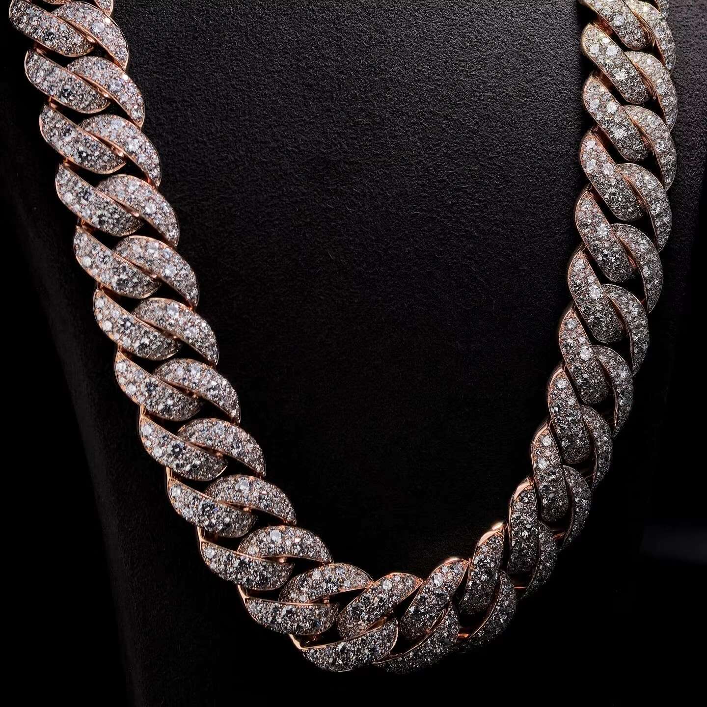 Iced Out 10K Solid Rose Gold Mosaic Setting Lab Grown Diamond Cuban Link Chain Necklace 20MM Width