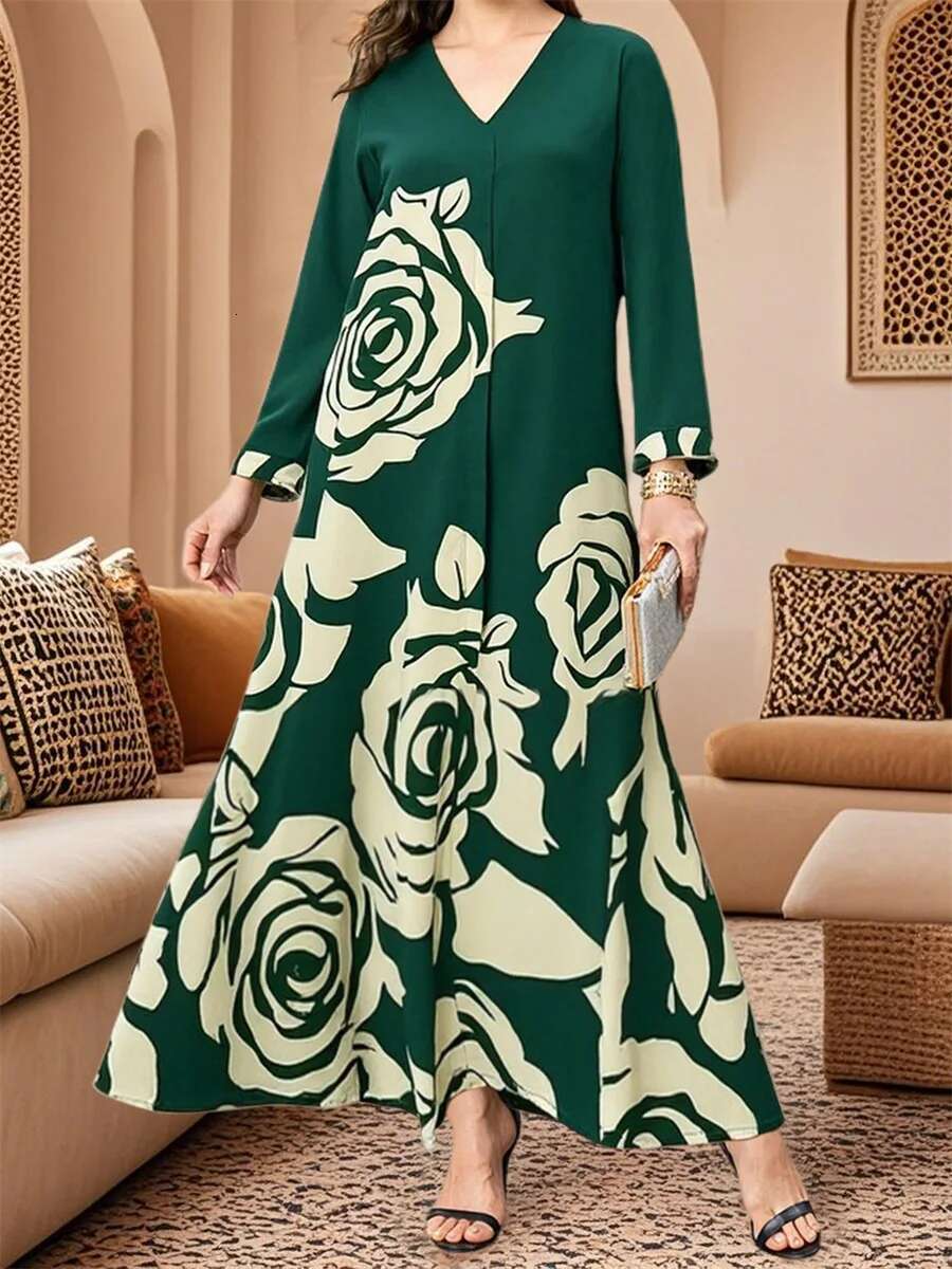 Elegant Mu Womens Ramadan Abaya with Intricate Floral Patterns V-neck Design and Long Sleeves for Islamic Prayer and