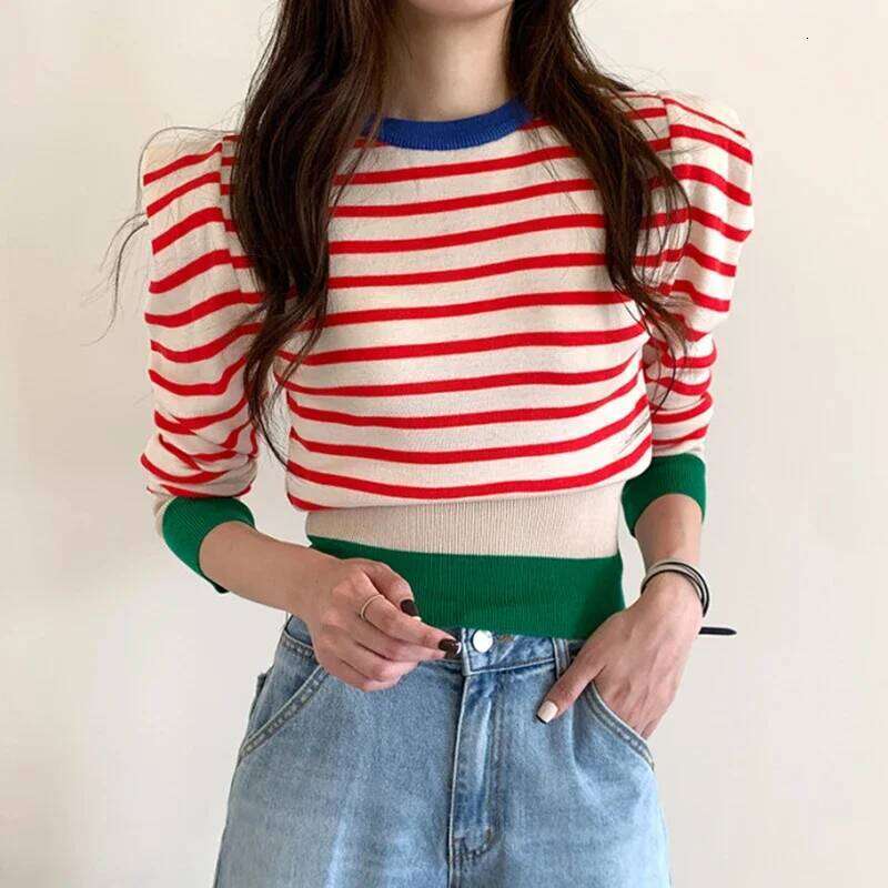 2024 Autumn Pull Femme Striped Sweet Puff Sleeve Short Sweaters Women Slim Korean Chic Fashion Winter Pullovers 18411